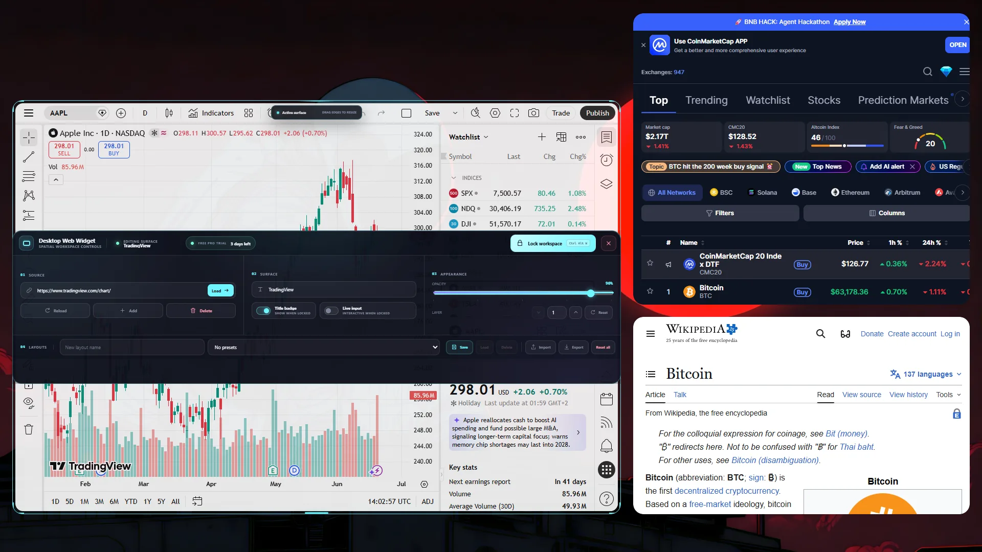 Desktop Web Widget editor mode with real TradingView, CoinMarketCap, and Wikipedia widgets