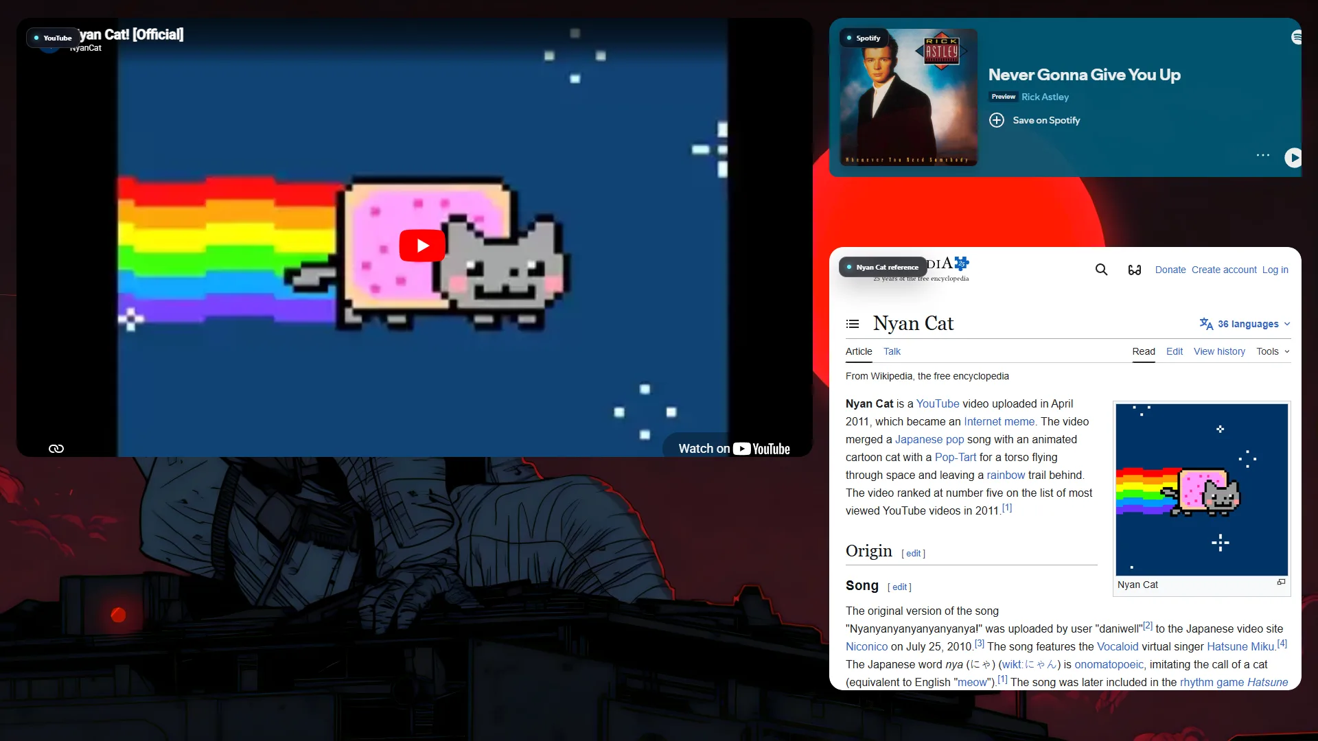 Windows desktop with real YouTube, Spotify, and Wikipedia widgets arranged as a media dashboard